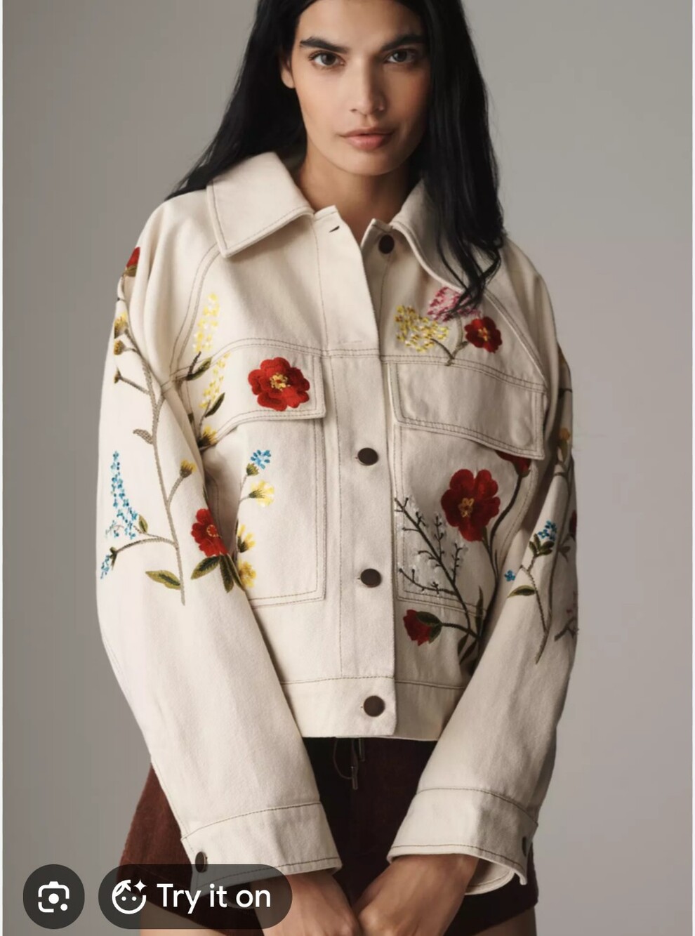 Anthropologie Embroidered Floral Cream Jacket